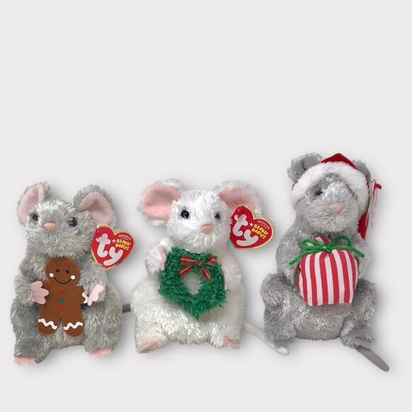 Ty 3 SET Christmas Mice Beanie Babies Jinglemouse Garlands & Stirring Holiday - Picture 1 of 9